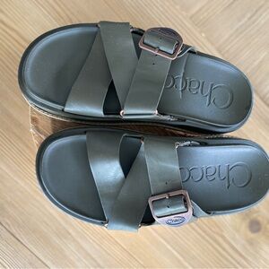 Chaco Olive Crisscross Slide Sandals with Bronze Buckles